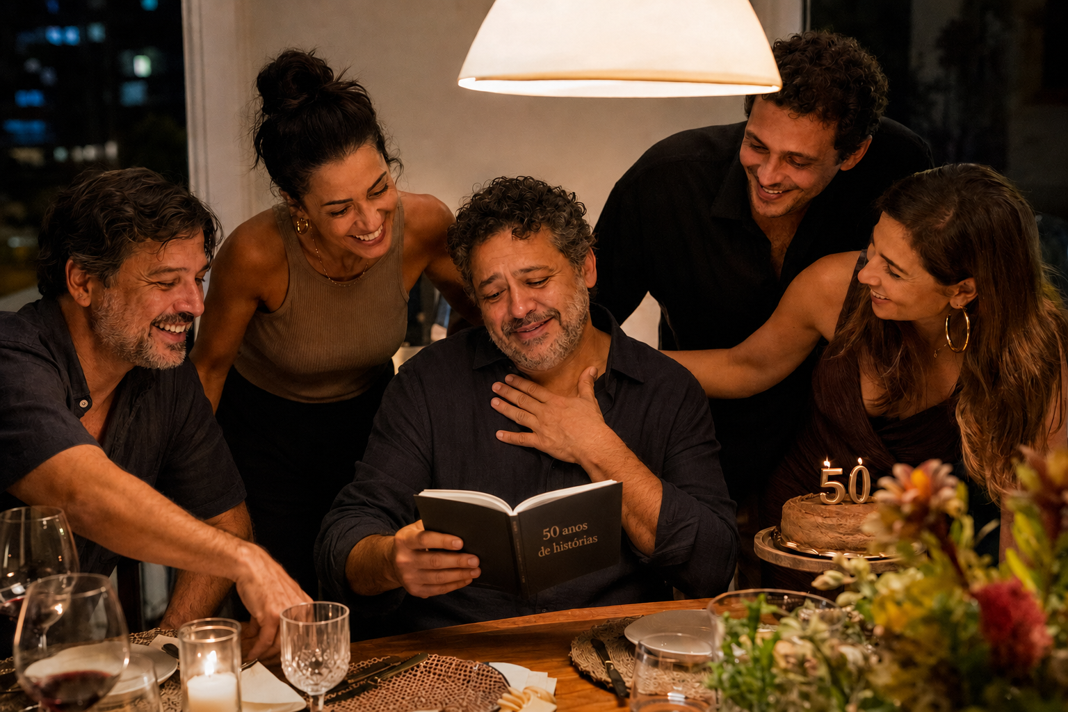 Família reunida celebrando com o livro de memórias na mesa